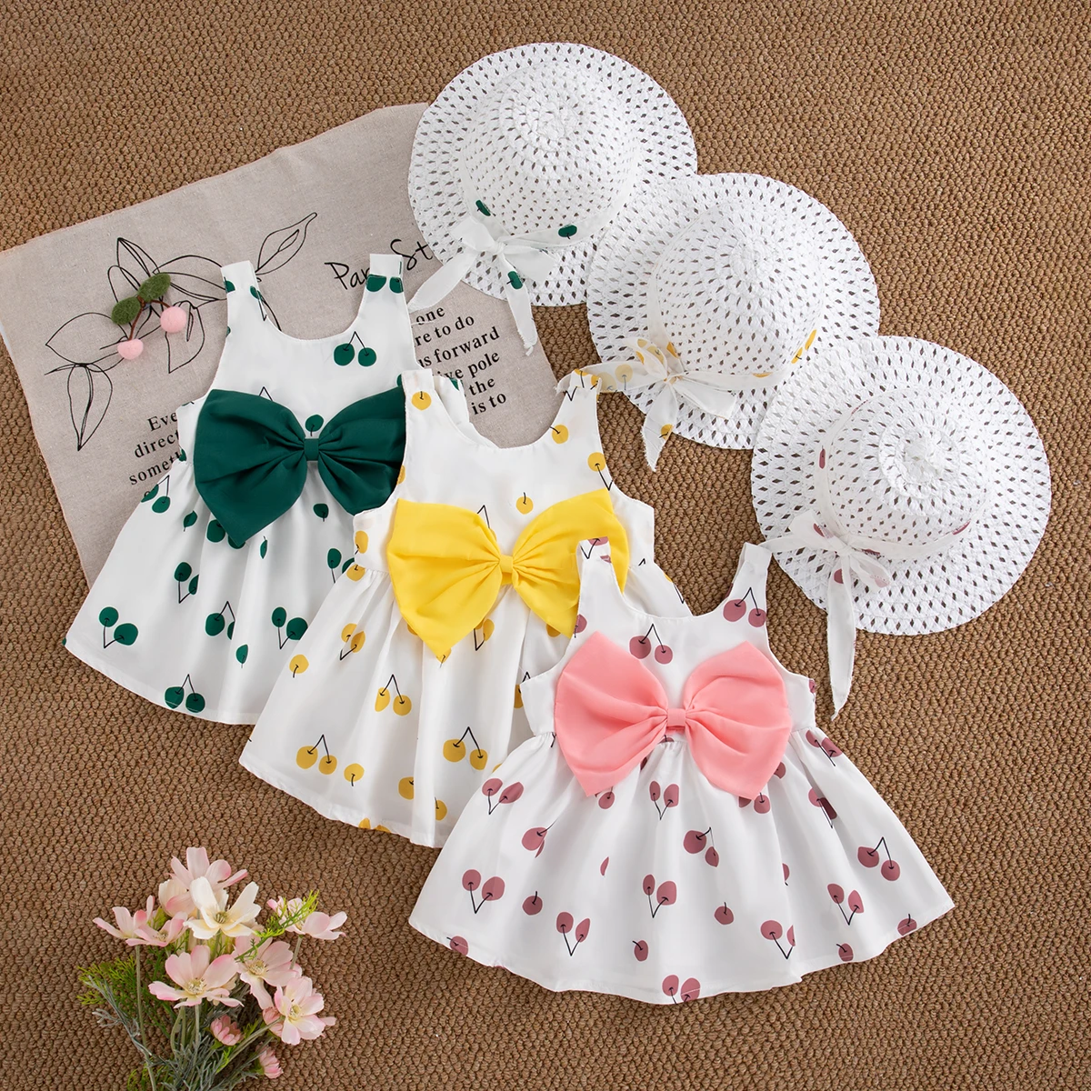 

Baby Girl Dress Summer Cotton Bow Cherry Suspender Girls Dresses Sweet And Cute Baby Girl Clothing With Hat
