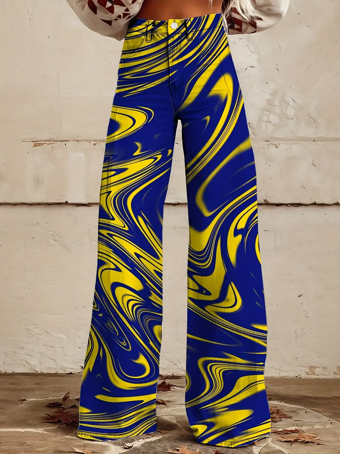 Ladies' loose and elegant retro printed straight leg pants with hidden zipper design,