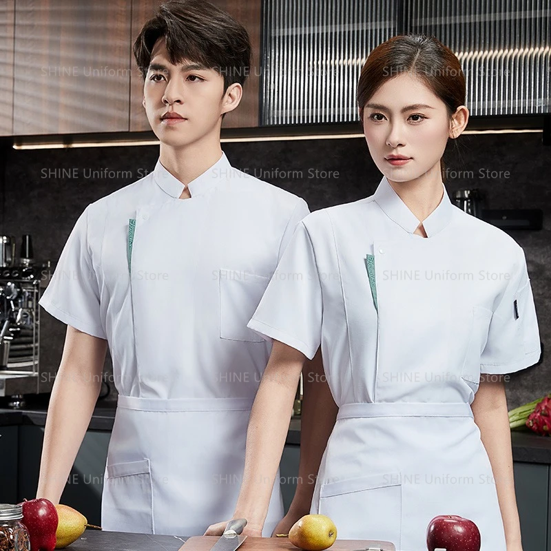 Uniforme de Chef à manches courtes pour hommes, veste de Chef en maille respirante avec tablier, manteau de Chef de cuisine de Restaurant, vêtements de travail noirs pour femmes, logo