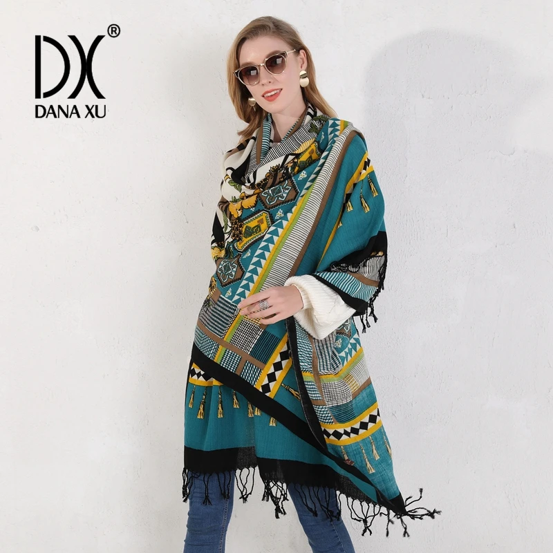 DANA XU 100% Wool Oversized Scarf for Women 245×110cm Geometric Floral Print Winter Warm Shawl Large Pashmina Wrap with Tassel