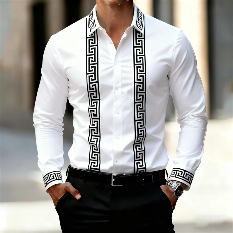 Men's Retro Geometric Print Shirt  Stylish Long-Sleeve Black Shirt  Business Casual Men's Top