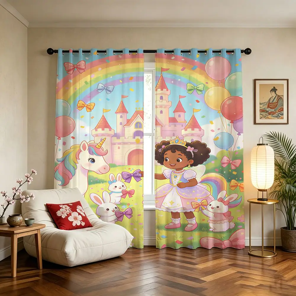 Rainbow Unicorn Princess Printed Curtains 2 Panels Light Blocking Rate 85% Darkening Curtains Cute Girls Bedroom Drape