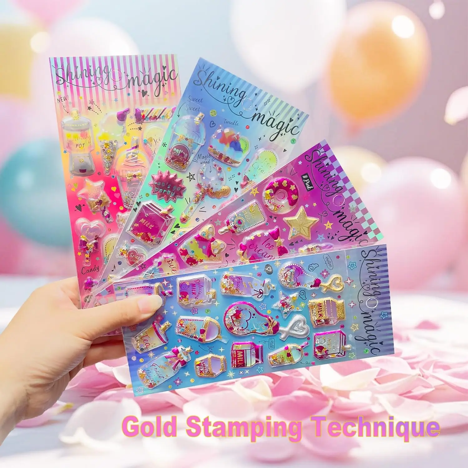 ملصقات ثلاثية الأبعاد منتفخة لامعة من رقائق الذهب ملصقات قابلة لإعادة الاستخدام مع خرز هزاز للفتيات والأولاد والمراهقين شارات فريدة من نوعها سباركلي