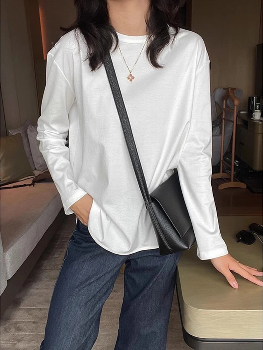 

High Quali Long Sve T-irt PIN Brand Textile Fabric Curved Hemline Cotton 00% Daily Sle round Ne Regular Length