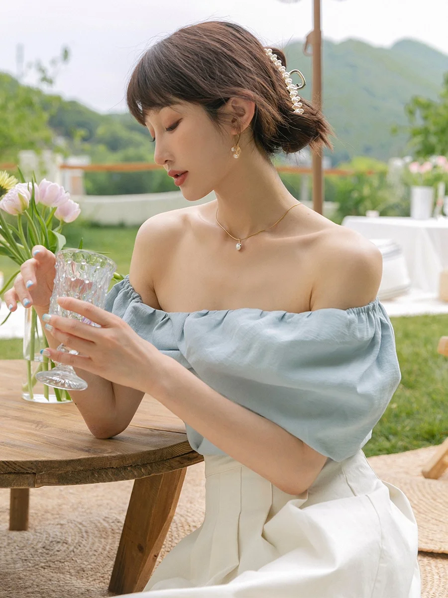 

Miorastudio Vintage Blue Off-oulder ort Top Women's Cloud Chiffon Overhead irt Commute Sle Pure Color Summer Thin