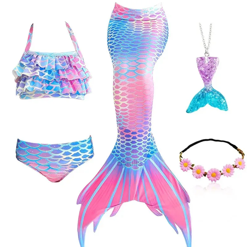 Mermaid Tail Swimsuit Costumes for Girls Swimming Kids Little Mermaid Costume Cosplay Children's Beach Clothes Can Add with Fin