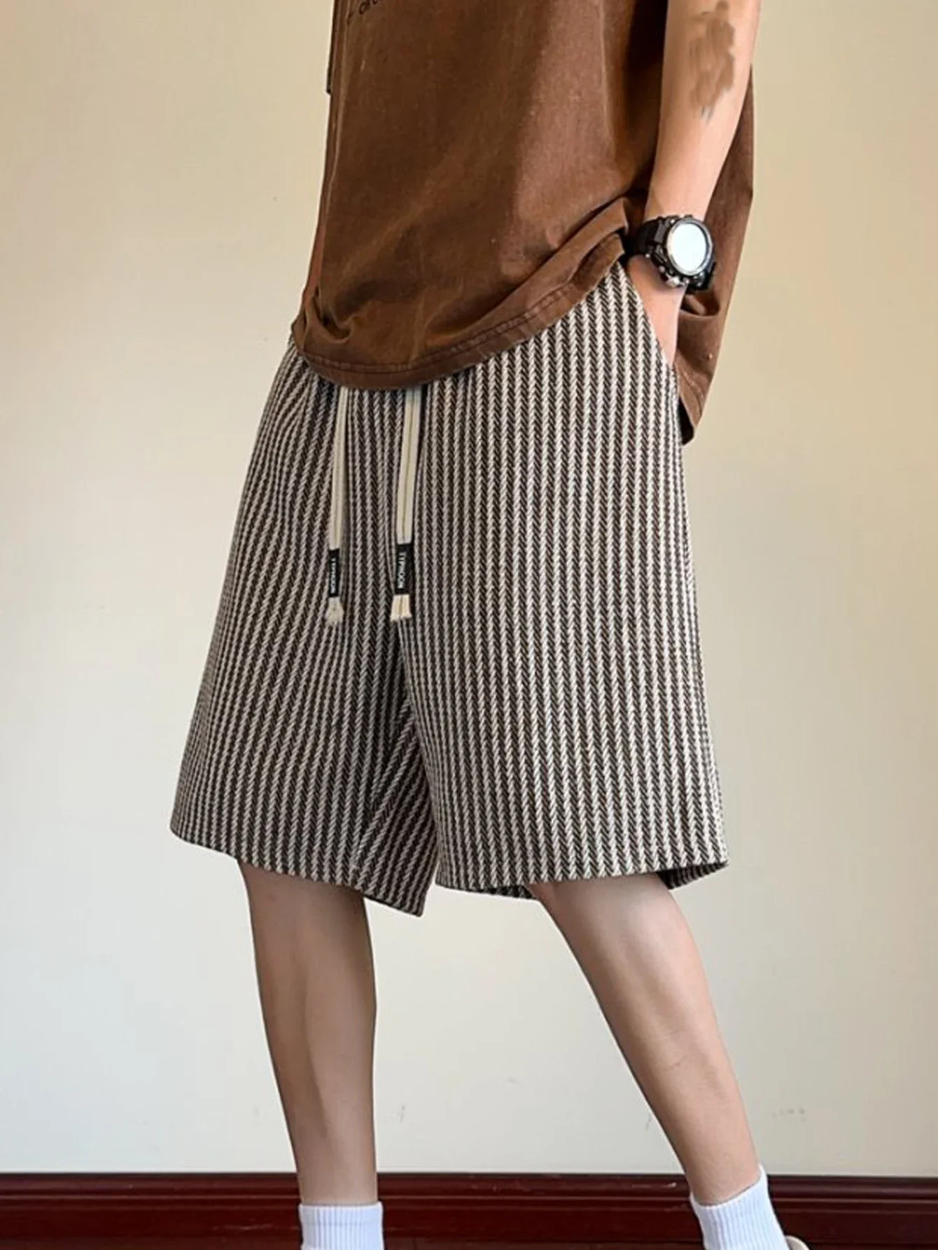 

Men's casual shorts, American striped printed five quarter pants, elastic waistband with drawstring, suitable for summer daily a