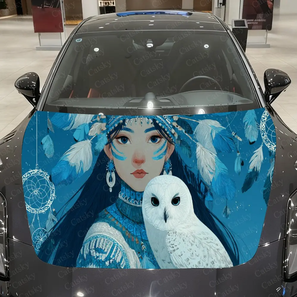 Fantasy Native Woman Owl Auto Hood Sticker, Car Cover Decal, Waterproof and Self-adhesive Auto Vinyl Wraps, Car Exterior Decorat
