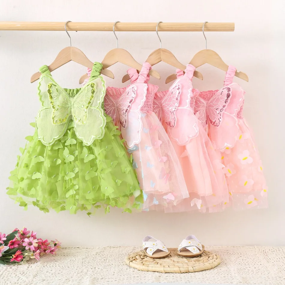 

New Baby Girls Birthday Party Evening Dresses Summer Butterfly Wings Children Clothes Sweet Colorful Toddler Kids Costume