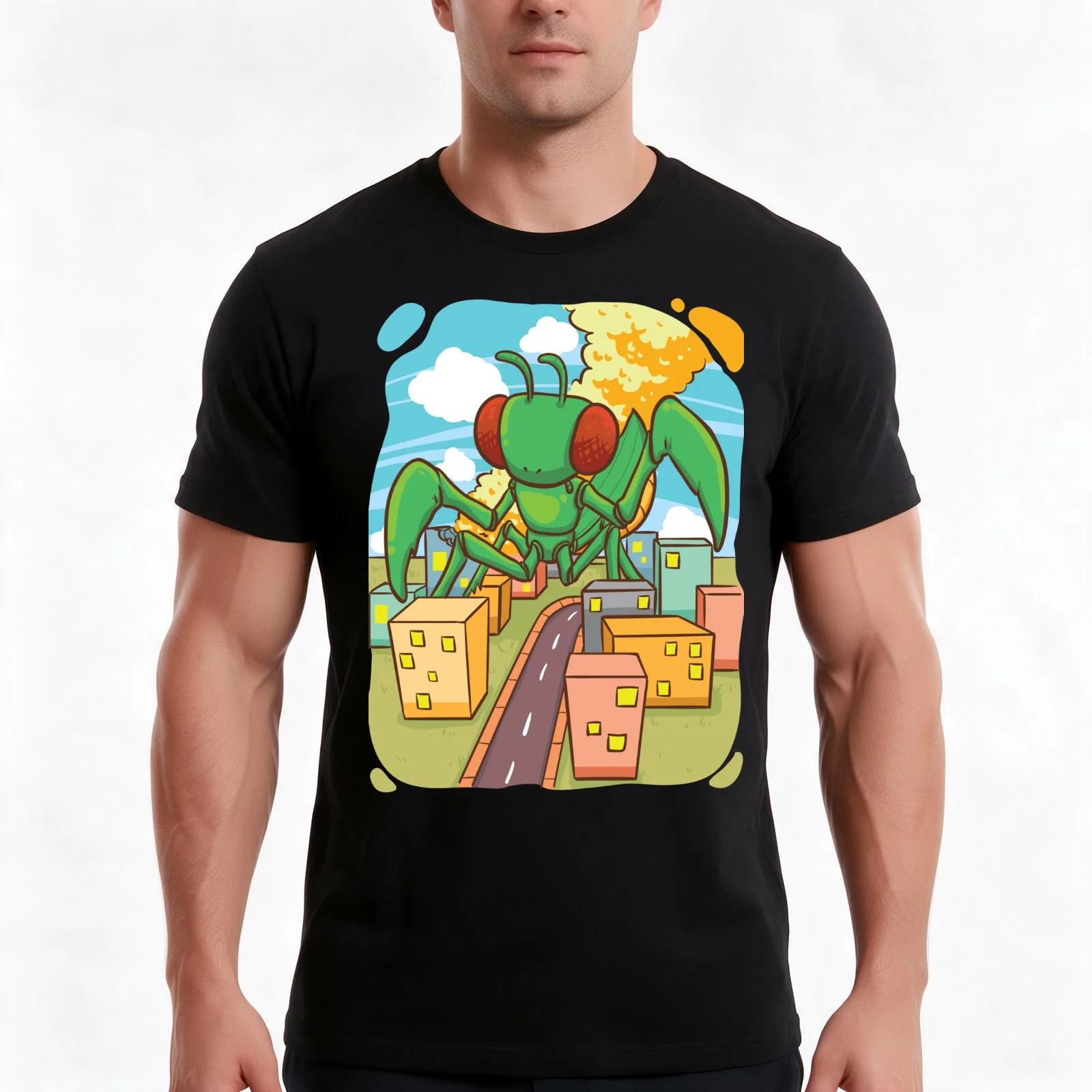 Giant praying mantis discovers a new city T-Shirt, Summer Casual Cotton Tee, Oversized Streetwear Tops, Vintage Graphic Print