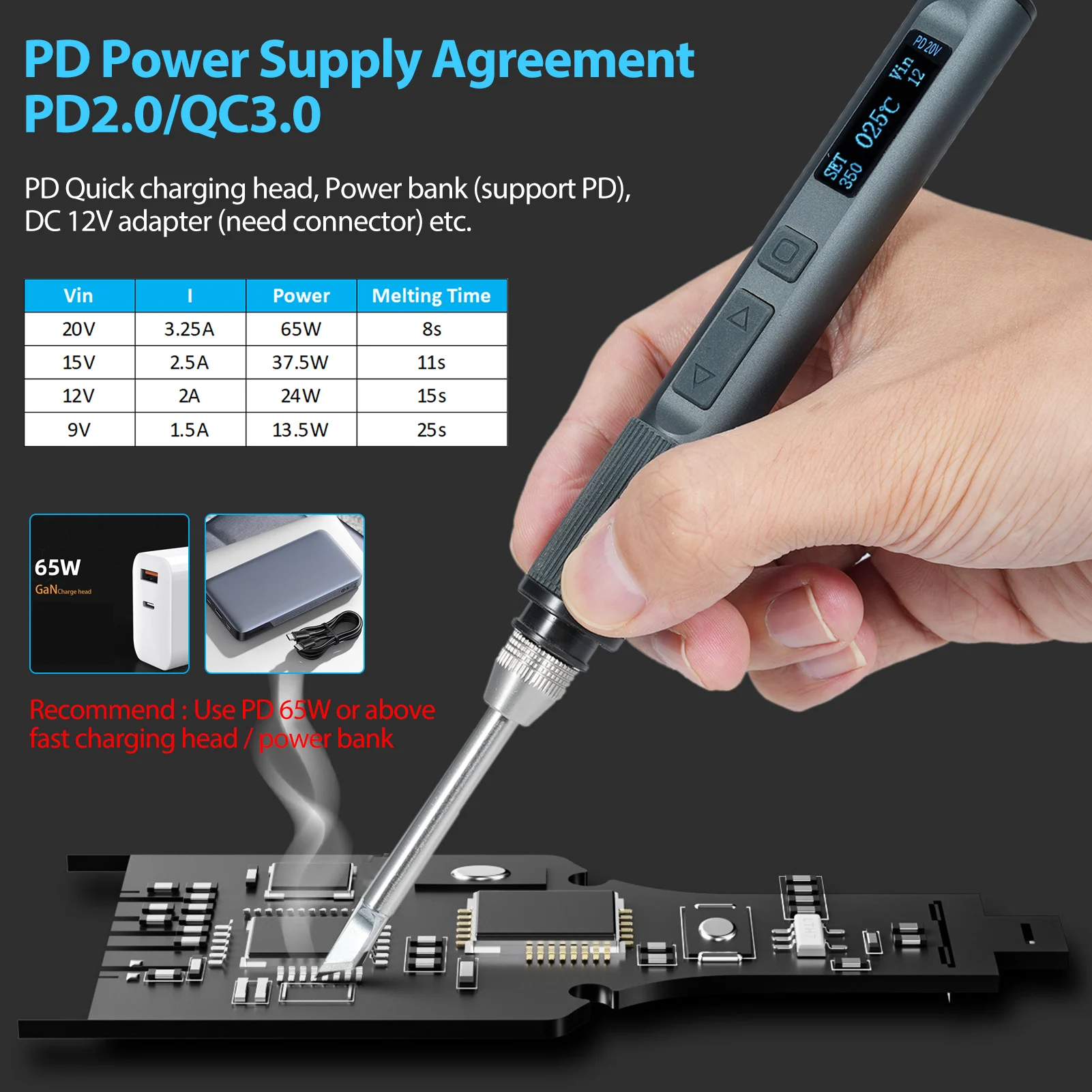 Portable Soldering Iron Pen with T12-K Interchangeable Iron Tips 65W USB Intelligent Welding Pen Kit Adjustable Temperature