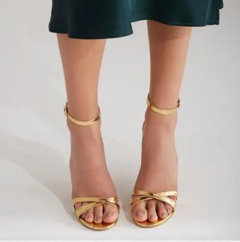 

Fashion Ladies Gold Shiny Patent Leather Cross Strap Ankle Buckle Stiletto Heel Summer Sandals Banquet Dress Shoes Size 45