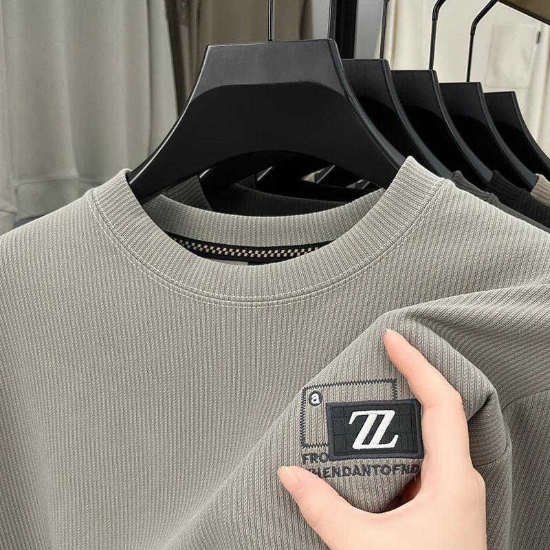 الرجال الفاخرة المطرزة تي شيرت مطبوع الراقية العلامة التجارية الخريف الأعمال عادية موضة تنوعا كم طويل بلوزة مستديرة العنق الملابس الرجالية