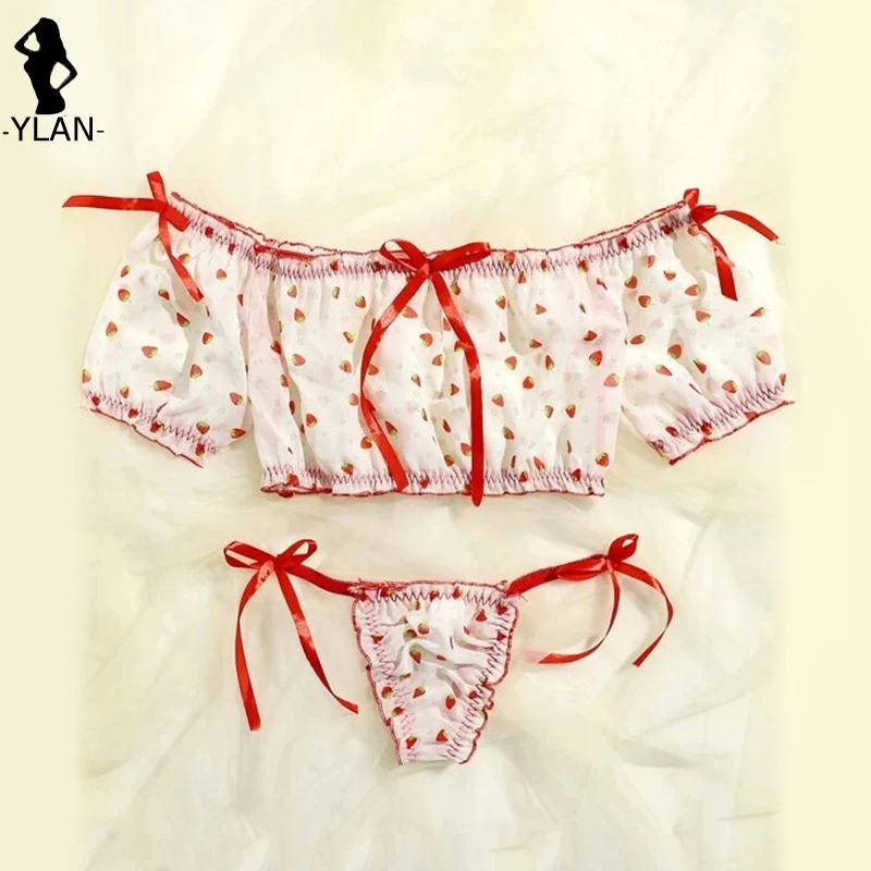 Off Shoulder Lingeries For Woman Sweety Tulle Sexy Underwear Set Strawberry Print Ruffle Bra Tops Thong Panty Beach Underwear