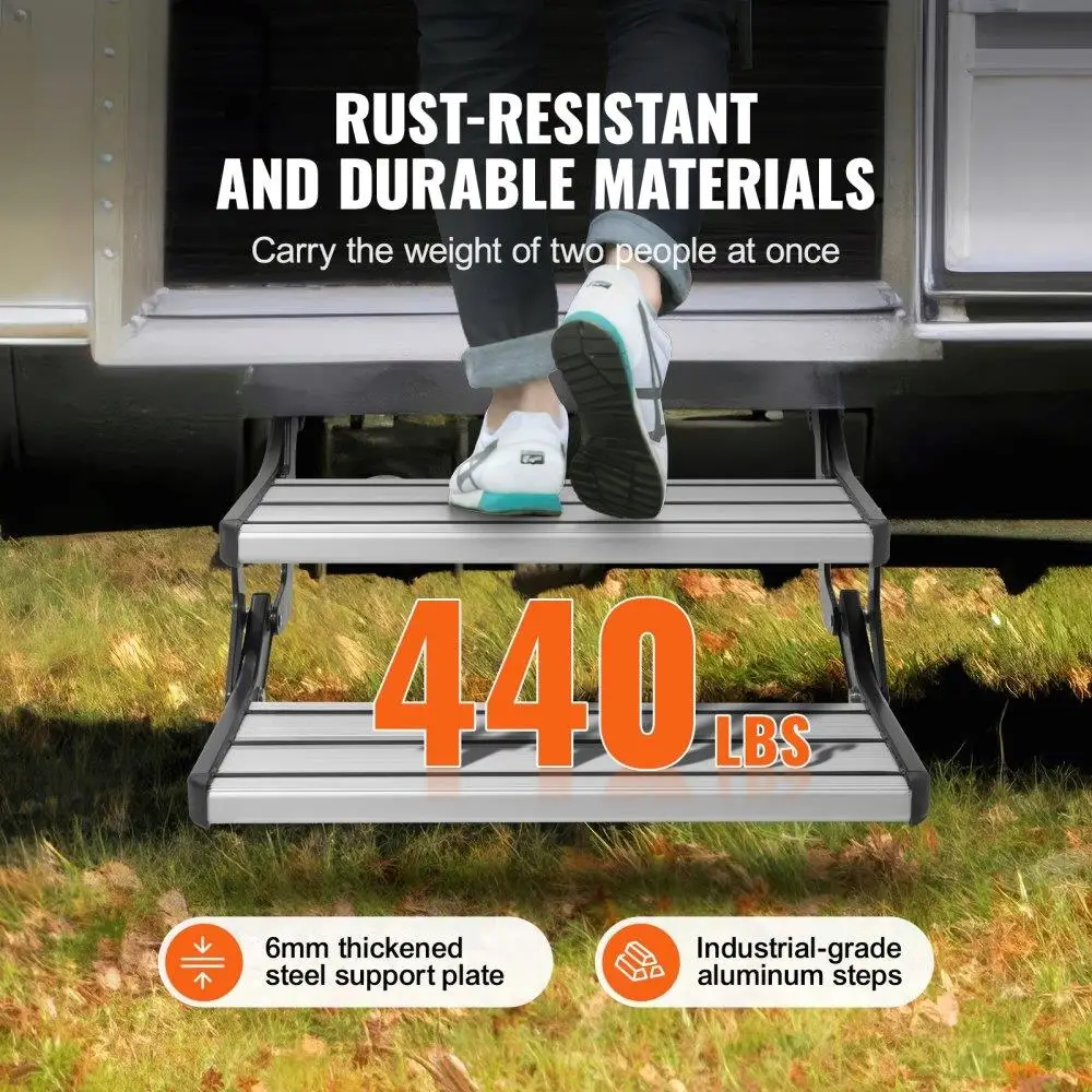 RV Steps 2 Step Manual Retractable Folding Aluminum Alloy Steel  Non-Slip 440 LBS Load Capacity for RV Trailer Camper