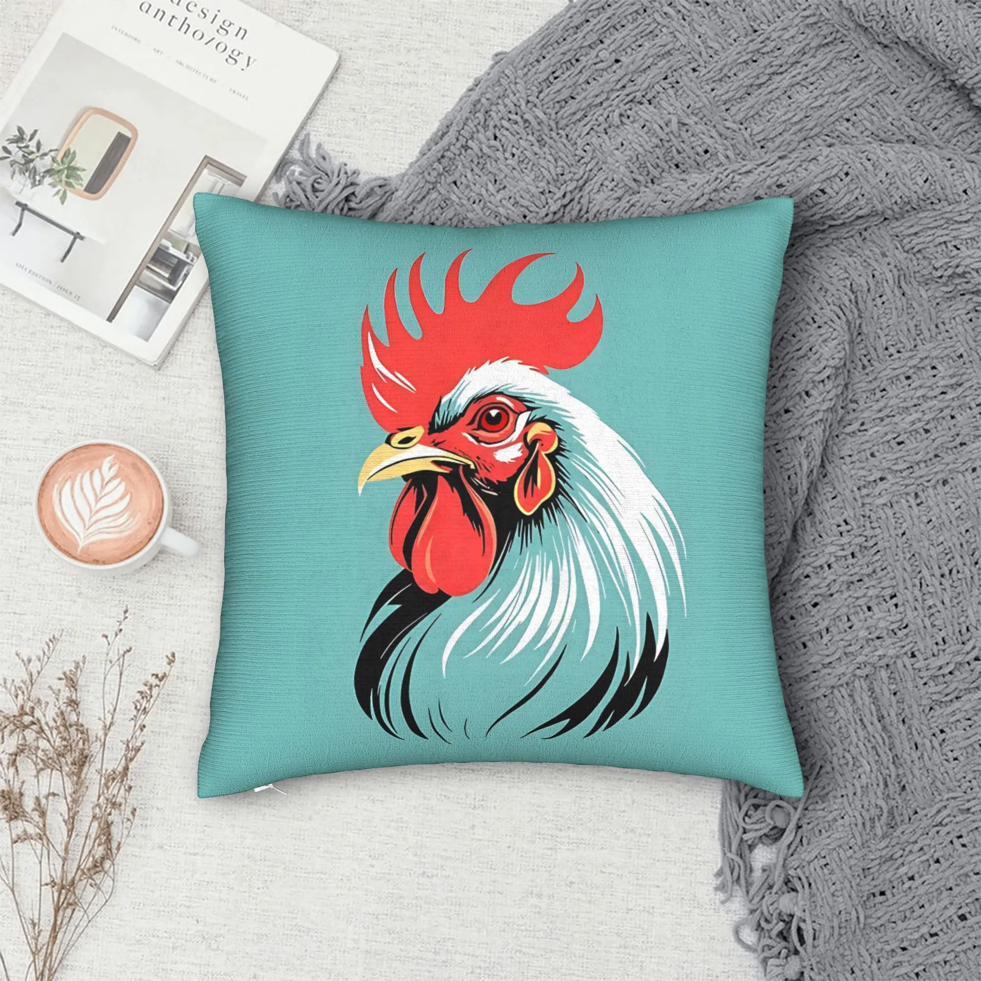 Rooster Shaped Pillow Cover Double Sided Short Plush 18x18 Inch Invisible Zipper Washable Farmhouse Decor
