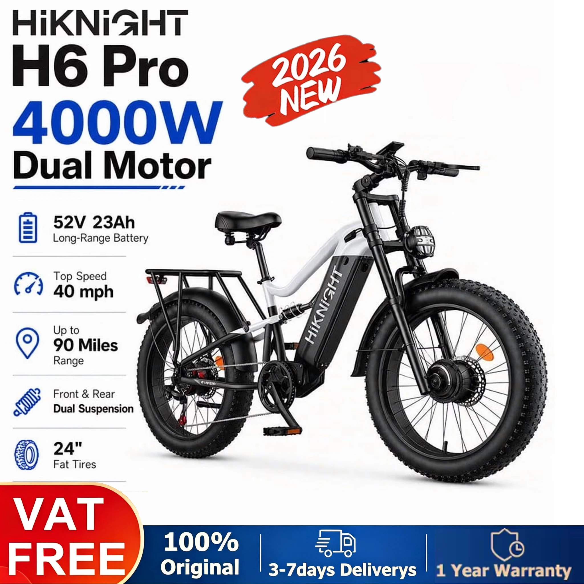 Image of HiKNiGHT 4000W Elektrofahrrad mit Doppelmotor für Erwachsene, 52V 20Ah Akku, 40 MPH & 90 Meilen Reichweite, 24' X 4.0' Fat Tire E-Bike, Doppelte Hydraulikbremsen, Vollfederung, H6 Pro (Schwarz Weiß)