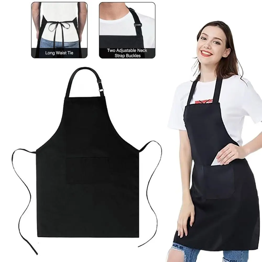Fashion Unisex Bib Apron Waterdrop Resistant Black Adjustable Aprons With 2 Pockets Catering Chef Apron Bar Drawing Apron