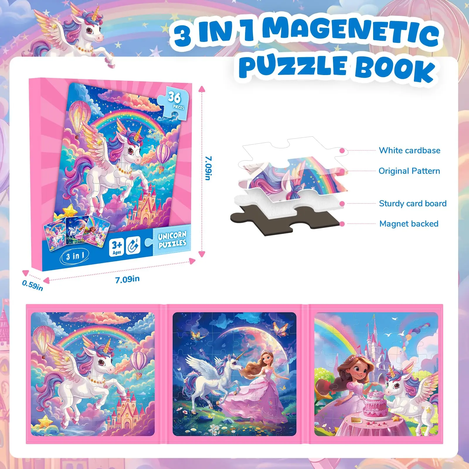 Juego de rompecabezas magnético para niños, juguetes educativos coloridos, rompecabezas plegable de unicornio para preescolar, dinosaurio sirena de viaje, 36x3 Uds.