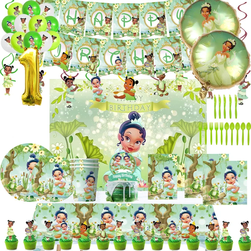 Disney Tiana The Princess And Frog Tableware Birthday Party Supplies Green Paper Plates Cups Banner for Baby Shower Decorations