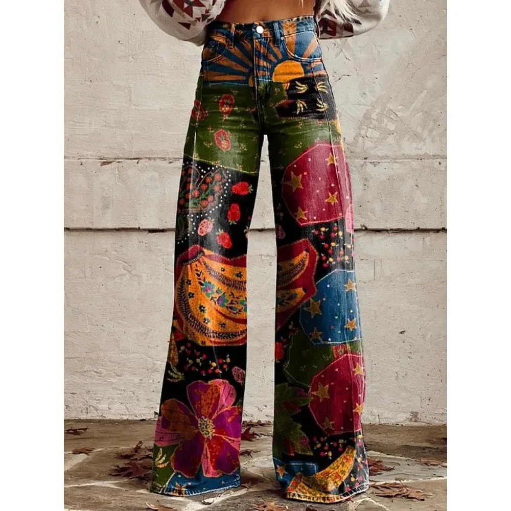 Damenhose mit Folk-Art-Print, hoher Taille und weitem Bein, Boho-Freizeithose, farbenfrohe, bequeme, locker sitzende Hose für den Alltag – Detail 2
