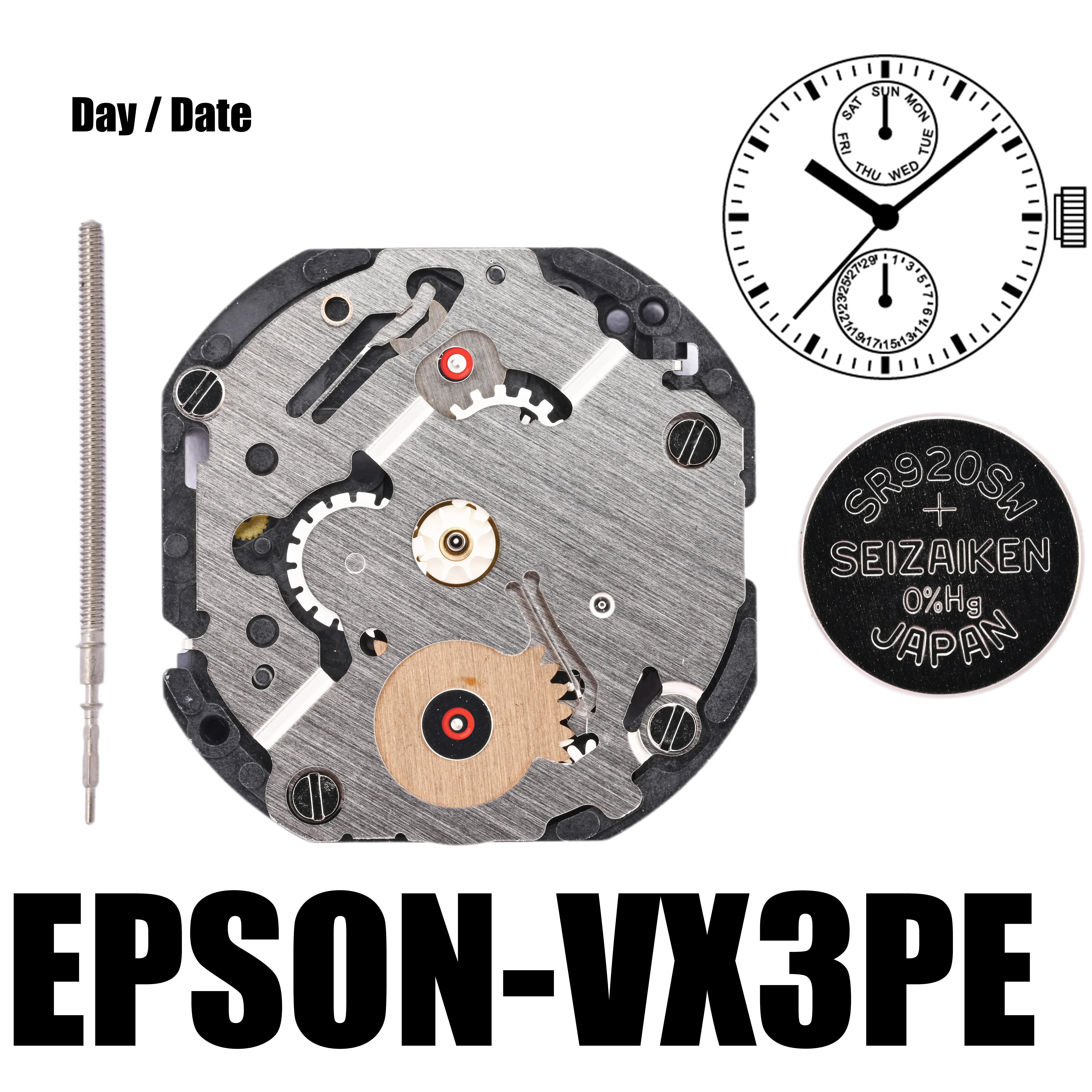 

VX3P Movement Epson VX3PE Movement Multi-Function VX3 Series 3 Hands 6.12 Small Seconds Size:10 1/2''' Day / Date at 3:00