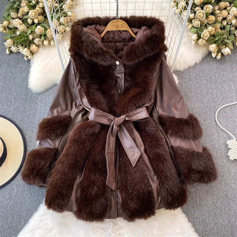 

Autumn And Winter Fashion Hooded Large Fur Collar Jacket Overcoat Middle Length Belt PU Leather Patchwork Furry Coat Parka Z4106