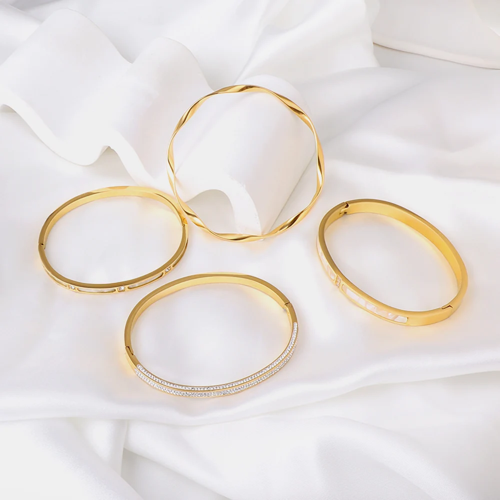 LUXUSTEEL Luxury White Shell Bangles&Bracelets For Women Stainless Steel Golden Plated Cubic Zirconia Wedding Jewelry Gifts
