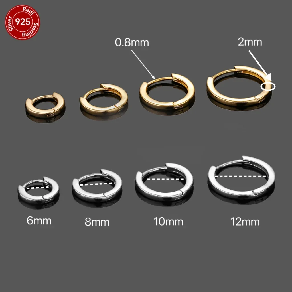 1PC 925 Sterling Silver Fashion Simple Round Hoop Earrings 6mm/8mm/10mm/12mm Gold Plated Hoop Earring For Women