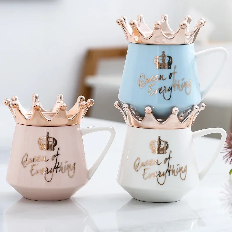 Crown Mug,Multi Color mugs with spoon lid Coffee Milk Cup Cute Ceramic Mug 300ml Capacity