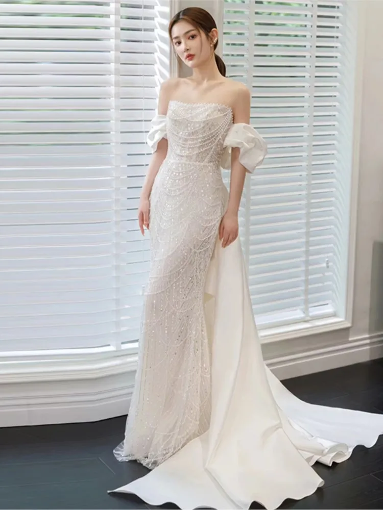 French Light Wedding Dress Heavy Industry Fishtail Luxury Welcome Yarn Banquet Host off-the-Shoulder Gown Female