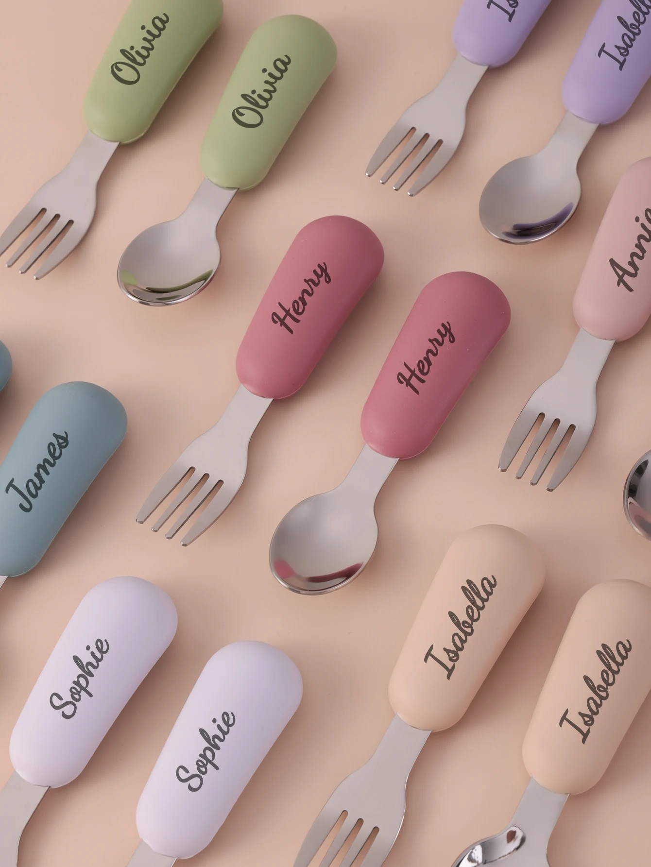 

2PCS Personalized Name Silicone Stainless Steel Baby Fork Spoon Set BPA Free Toddler Utensils Tableware Kids Feeding