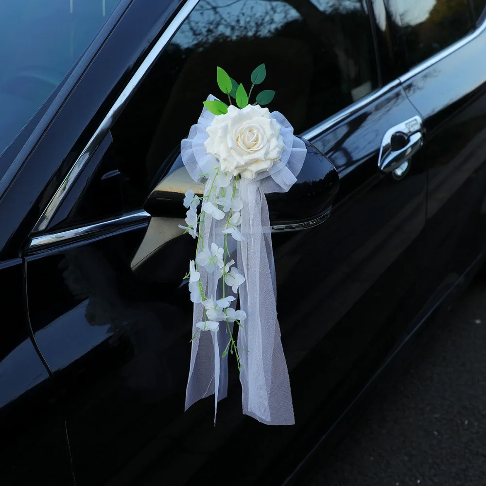 

2pcs Korean Style Wedding Artificial Car Flower Decor Car Mirror Bow Decoration Chair Back & Door Handle Floral Accessory