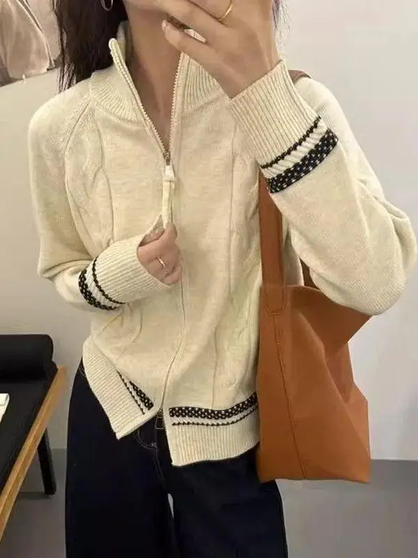 Loose Short Zipper Neck Knitwear Cardigan Women's Anti-Aging Autumn Winter American Twist Casual Flip Collar Top