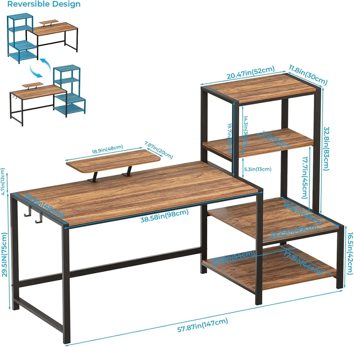 Computer Desk 58 inch with Storage Printer Shelf Reversible Home Office Desk with Movable Monitor Stand