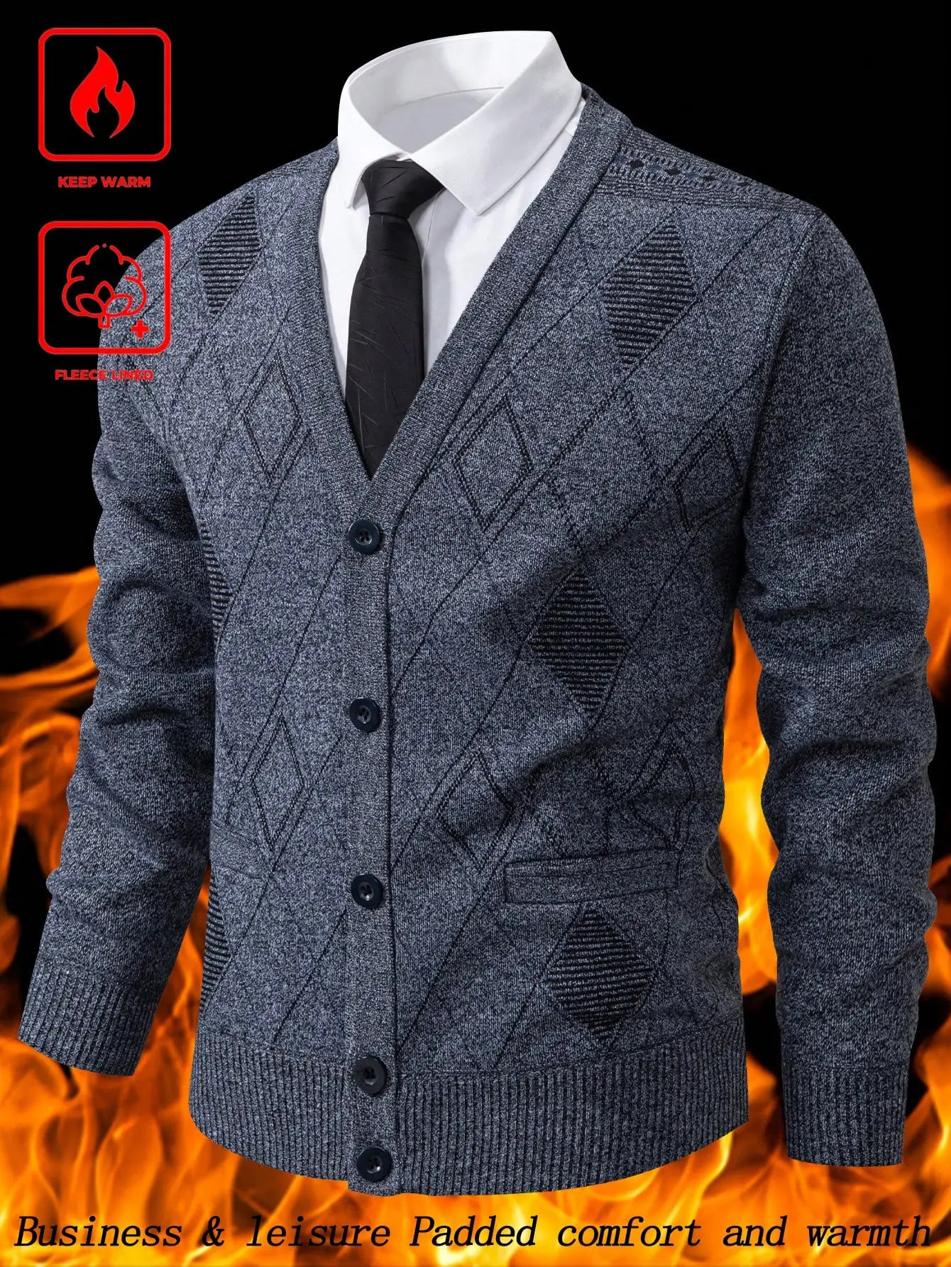 

Men's V-Neck Knitted Cardigan with Fleece Lining, Grey Diamond Pattern, Business Casual Winter Wear