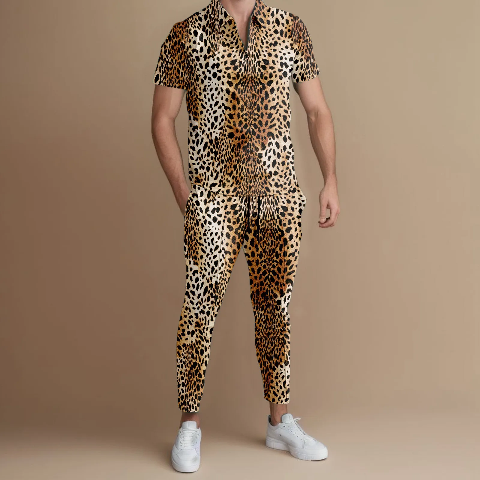Men\'s T-shirt sets Leopard Print Polo-shirt Long Sleeved Two Piece Lapel Fashion Casual Half Zip Casual Sports Suit Chemise