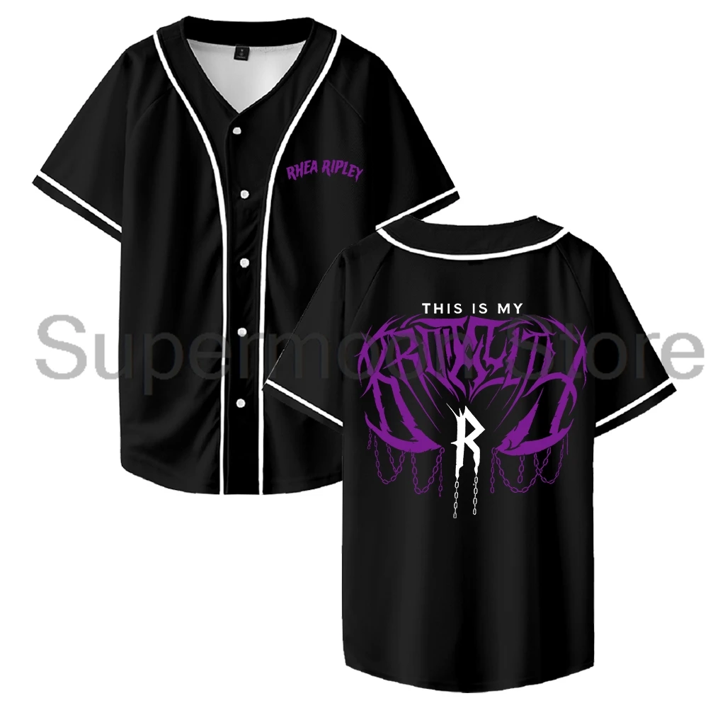 Rhea Ripley Brutality Jersey Baseball Jacket Shirts V-Neck Short Sleeve Button-up Tee Men Women Streetwear Tops