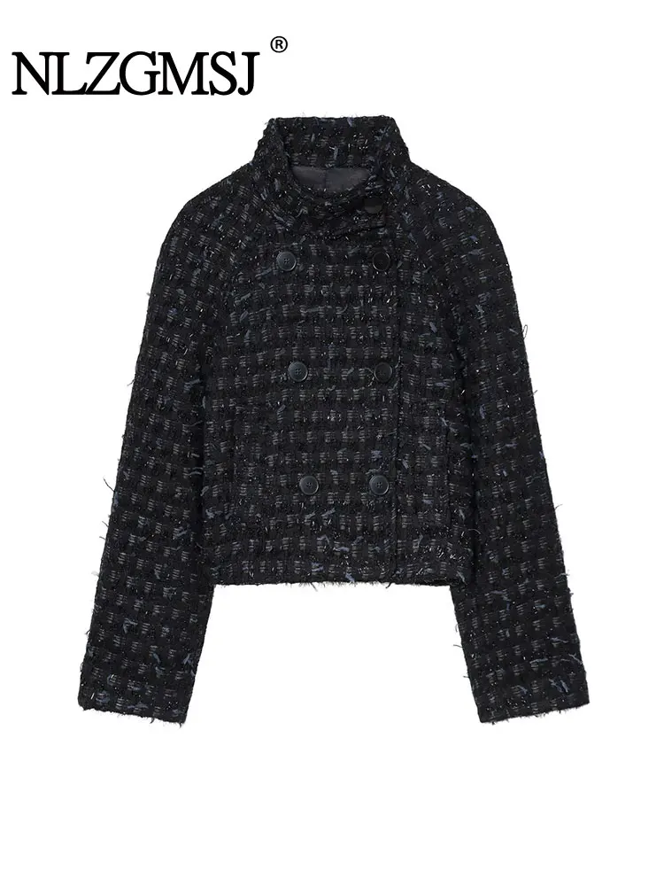 

NLZGMSJ 2025 Осенняя женская куртка, модное двубортное пальто с длинными рукавами, женская шикарная блестящая верхняя одежда металлик Y2K
