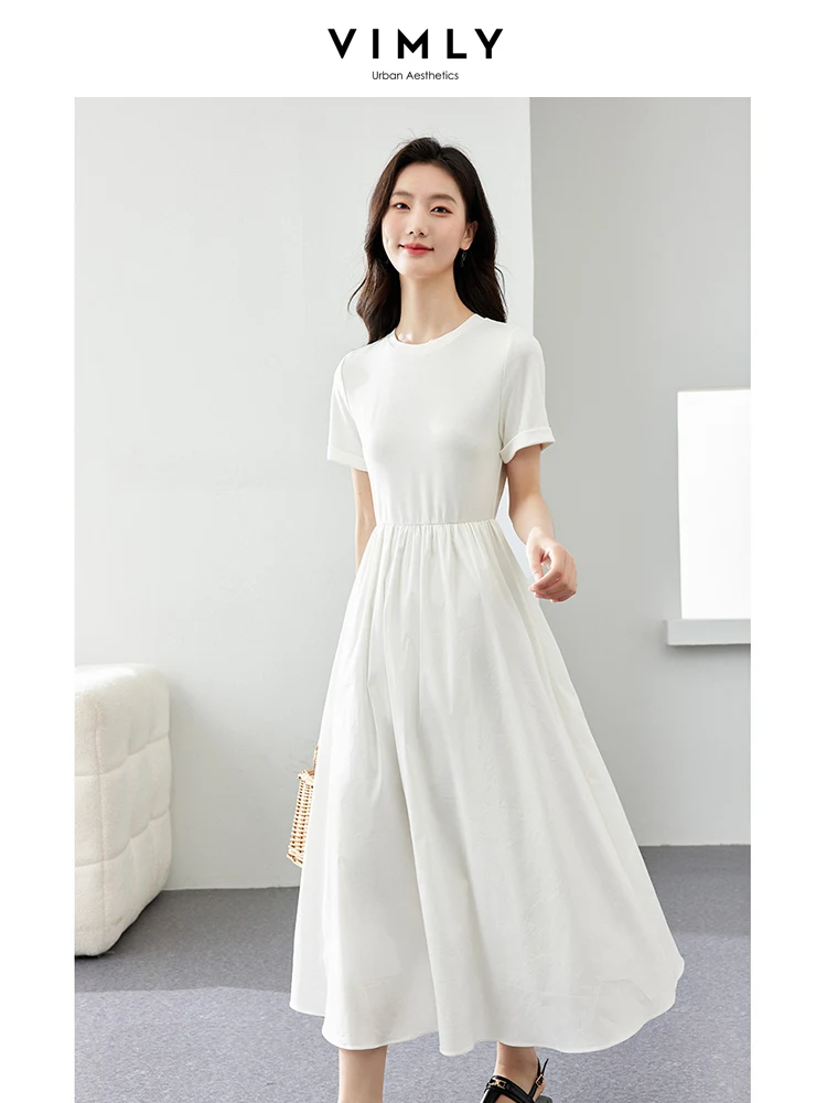 Vimly Women's Simple Elegant Spliced Short Sleeve A-line Dress Summer Solid Elastic Waist O-neck Business Casual Dresses