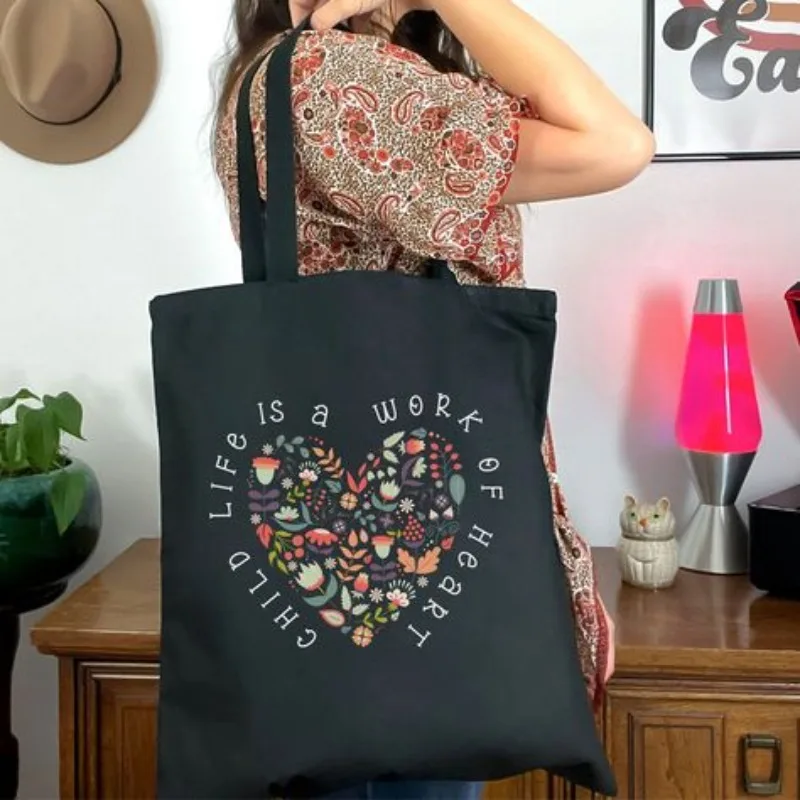

Love Letter Flower Bags Cute Women Shopping Lady Black Shoulder Canvas Bag Shopping Student Home Decoration Bag Friend's Gift