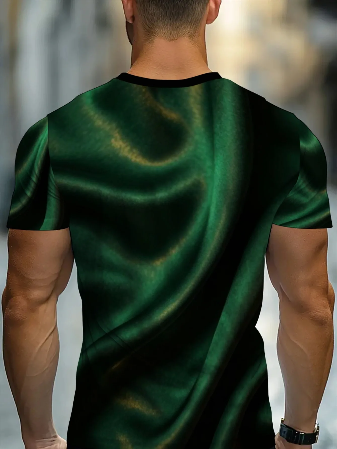 Men Glossy Emerald Green Silk Texture Print Crew Neck T Shirt Black Trim Short Sleeve Street Casual Tops
