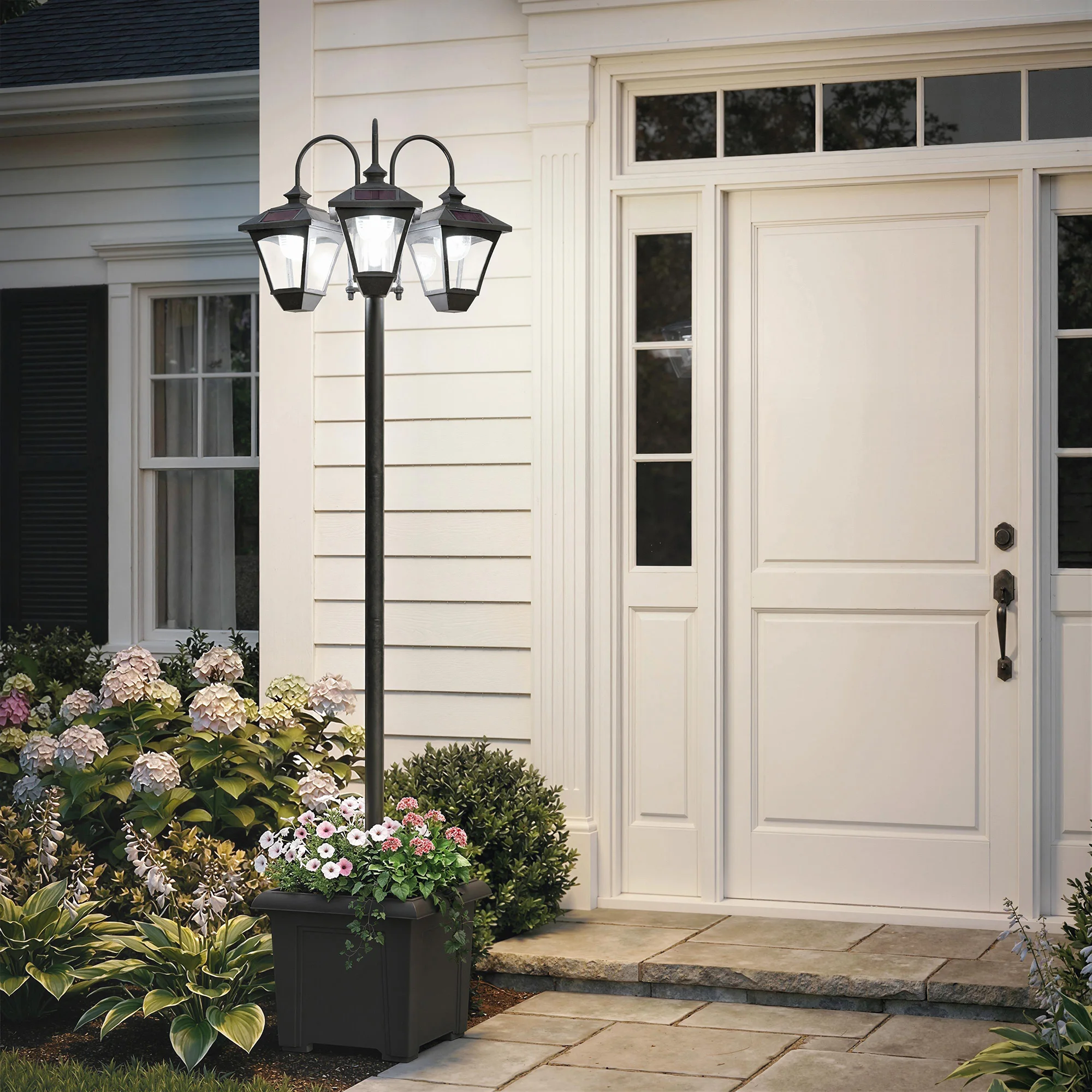 Lampe solaire de jardin extérieure Outsunny avec jardinière, 3 têtes, étanche IP44, marche/arrêt automatique et hauteur réglable, lampe solaire LED extérieure pour terrasse, patio, 52x52x185 cm, noir