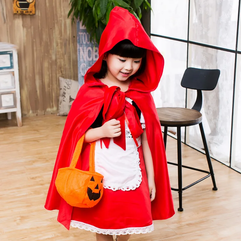 Halloween Chapeuzinho Vermelho Traje com Capa, Vestido de Princesa, Performance de Natal Infantil, Bola, Roupa De Conto De Fadas