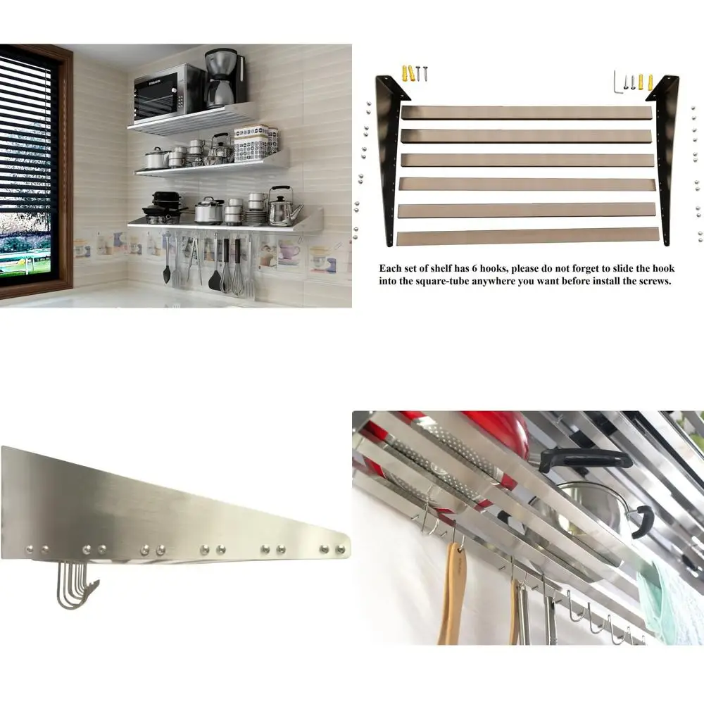 

Stainless Steel Wall Mounted Cookware Organizer with 6 Hooks, Holds Up to 200 lbs, 23.5 x 14