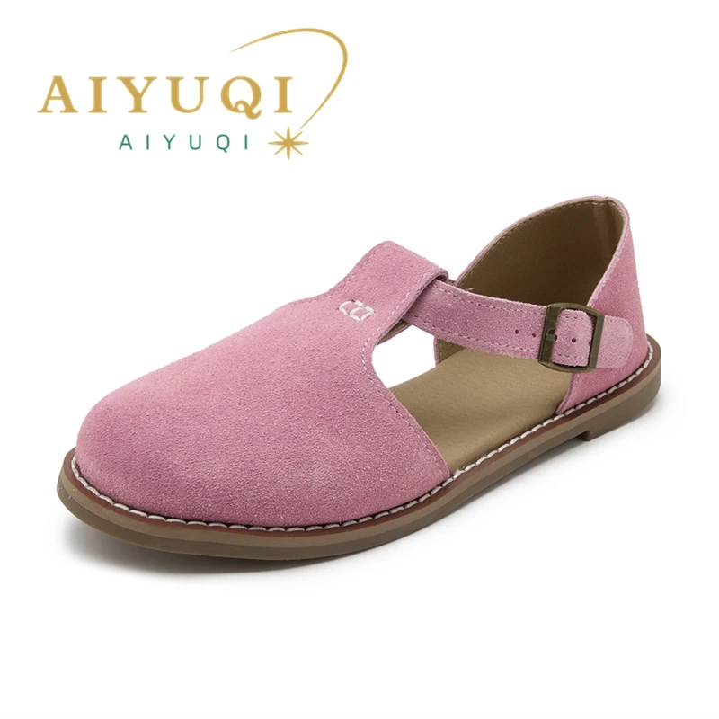 AIYUQI flat-soled retro frosted genuine leather women\'s sandals 2024 new hollow women\'s shoes Roman Baotou sandals for women