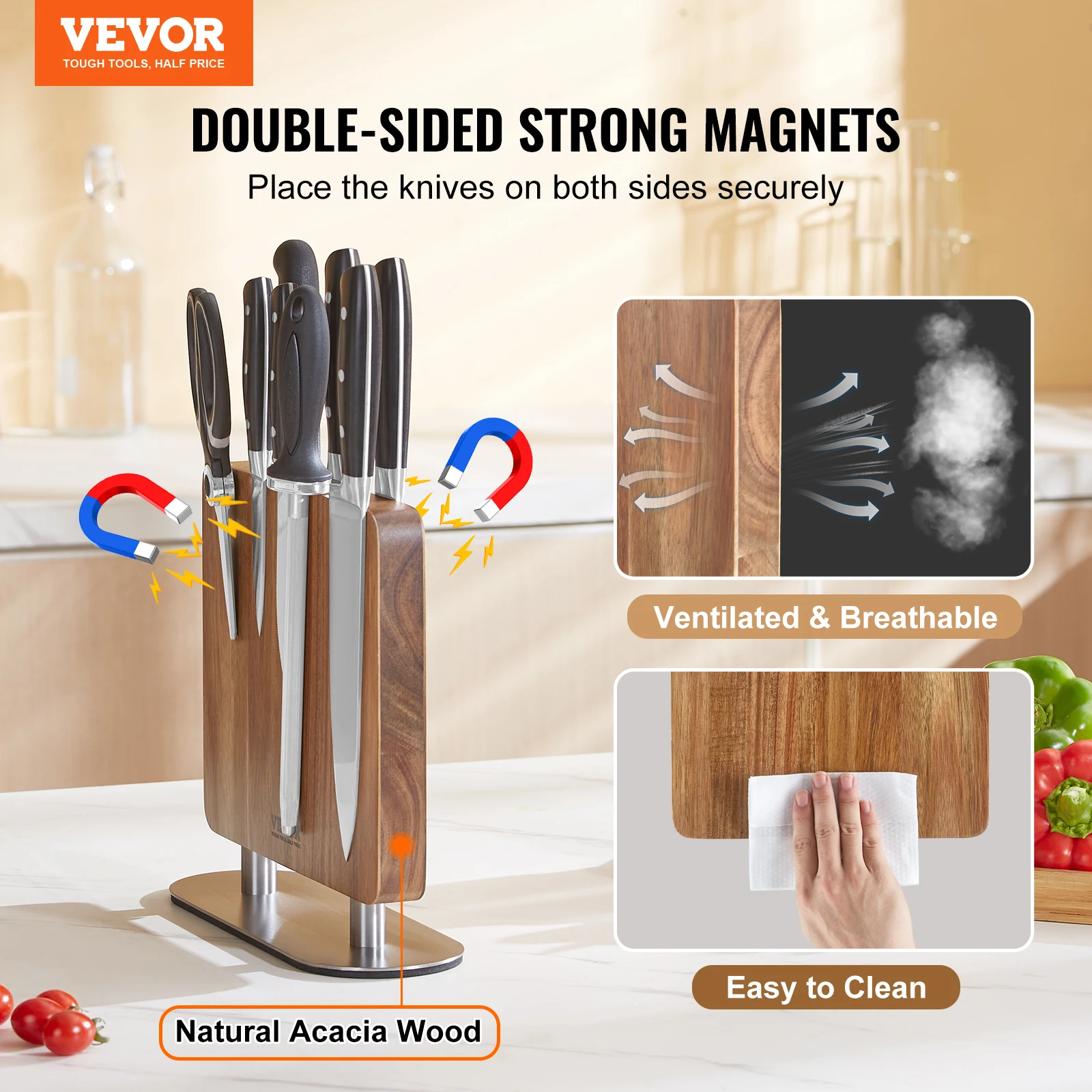 VEVOR Magnetic Knife Block Double Sided Magnetic Knife Stand Multifunctional Storage Acacia Wood Knives Rack