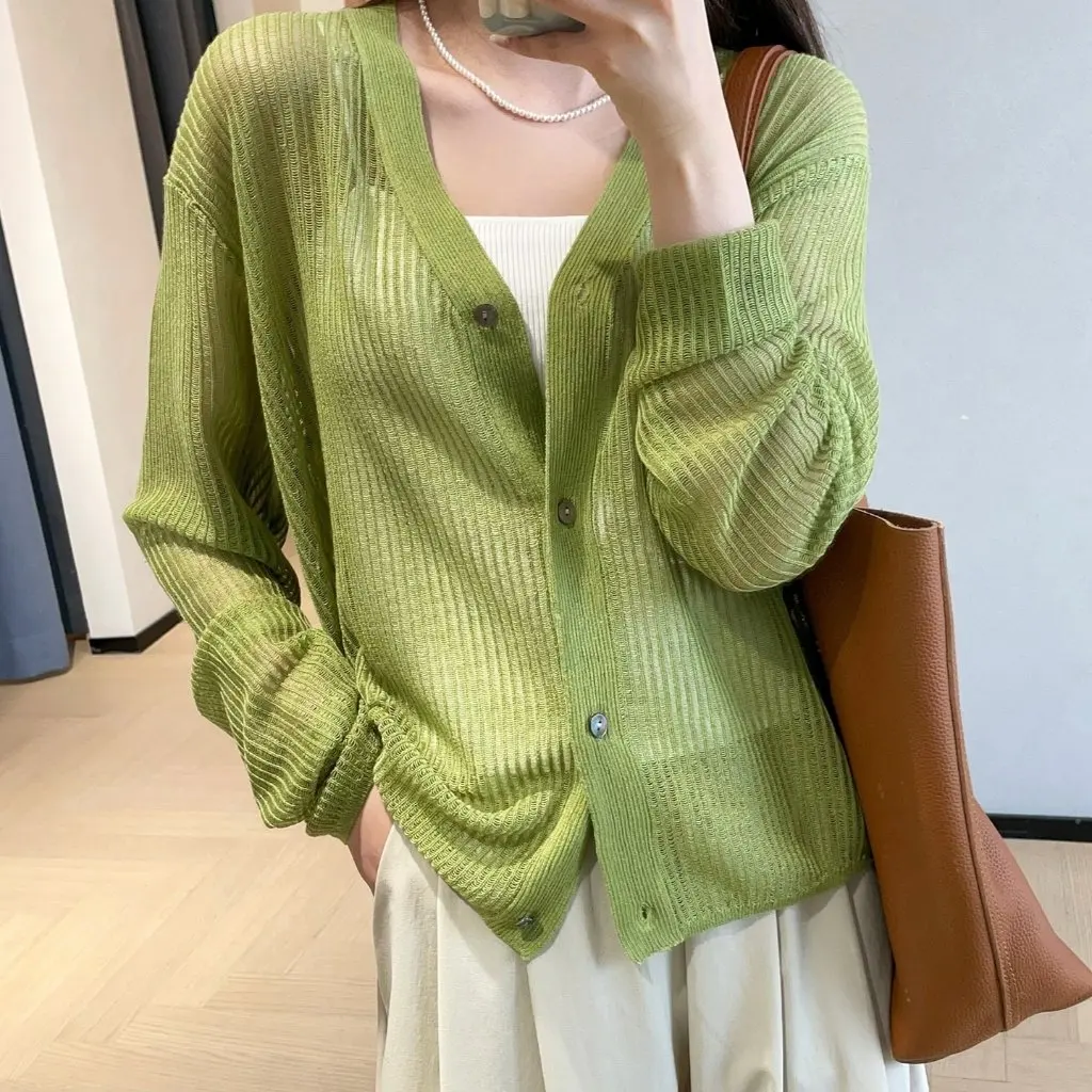 

Women's Summer Thin Knitted Cardigan Long-Sleeved Breathable Tencel Linen Ingot Cool Hollow Sunscreen Shirt for Casual Wear