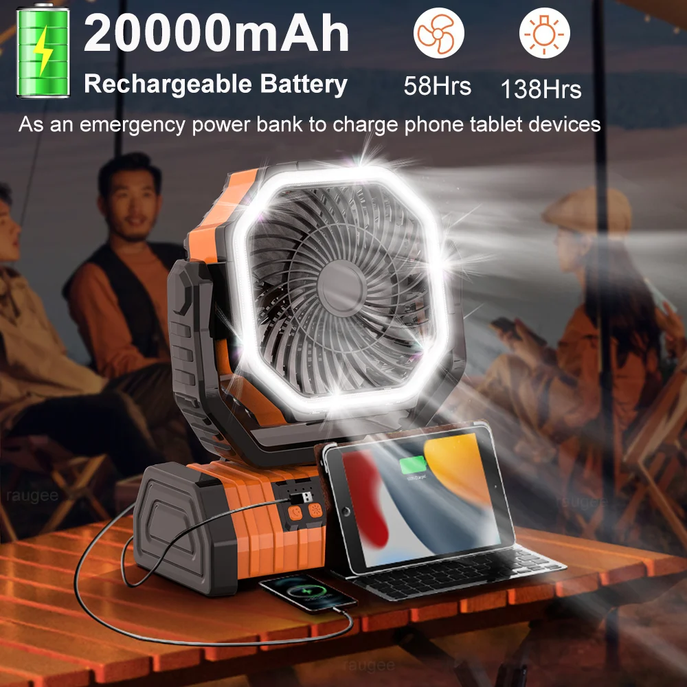 Camping Fan 20000mAh Rechargeable Battery Wireless Ceiling Cooling Fan Portable USB Electric Fan with Remote Control LED Light