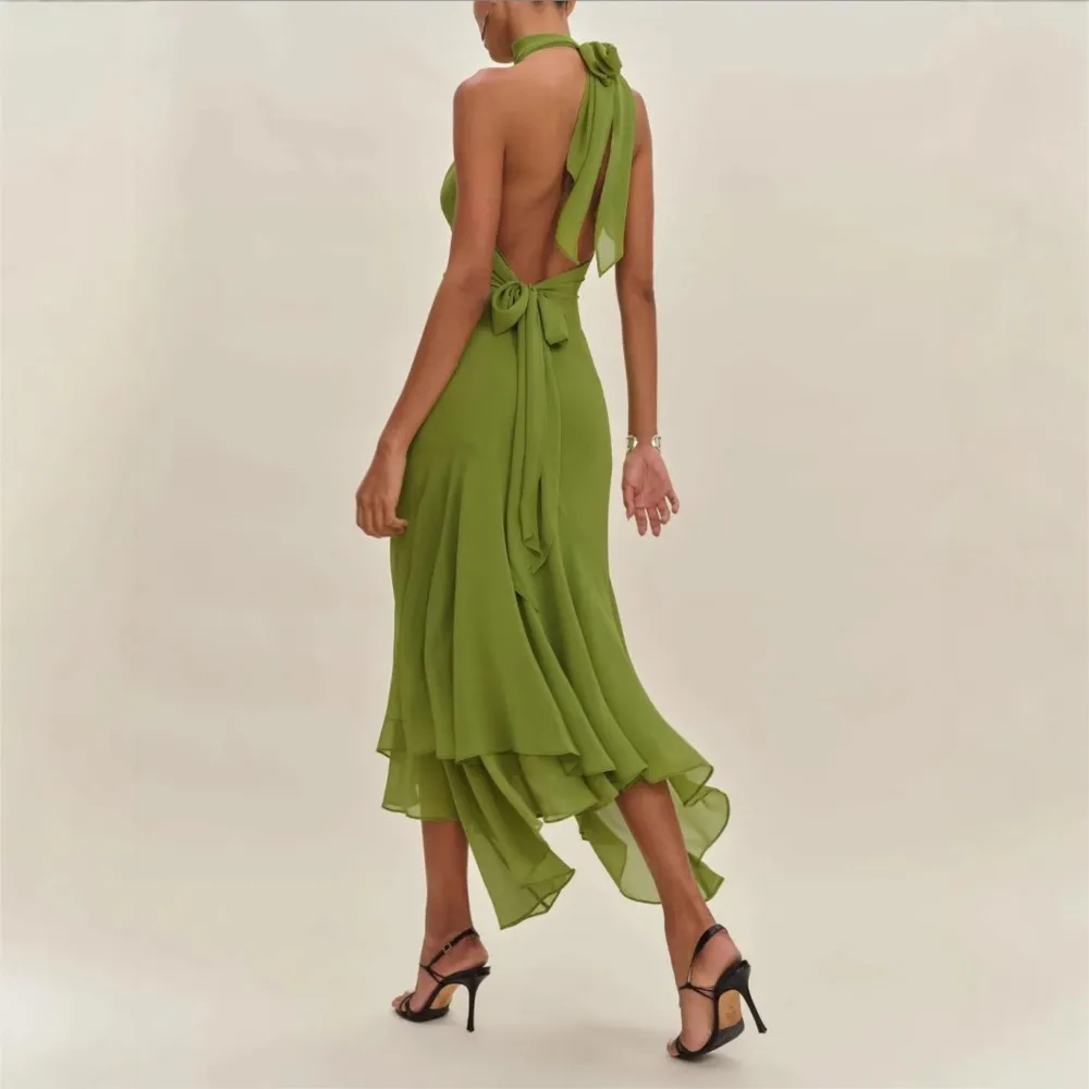 Temperament Backless Solid Color Ruffle Dress Slim Long Skirt For Women Simple Style Solid Color Leace-up Backless Vestidos Chic